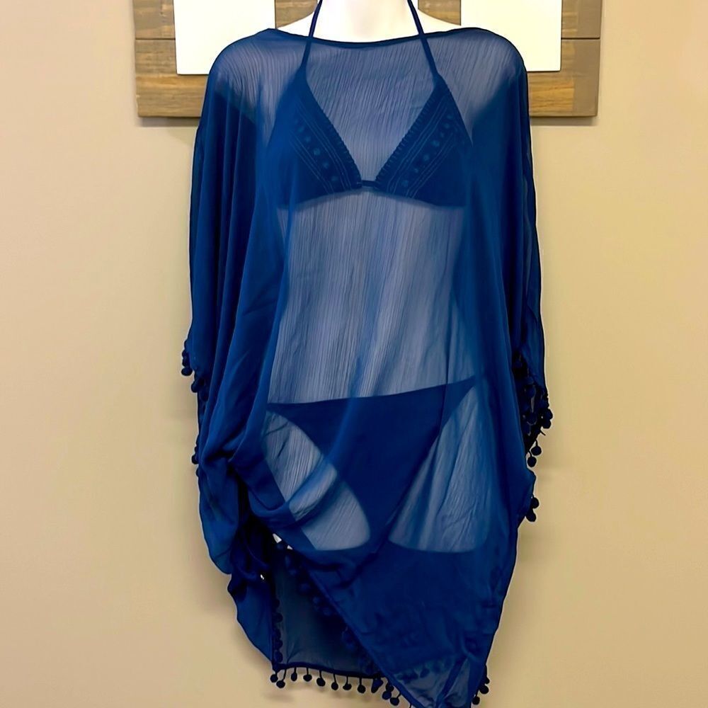 Pink Envelope Sheer Blue Coverup with Pom-Poms- Medium